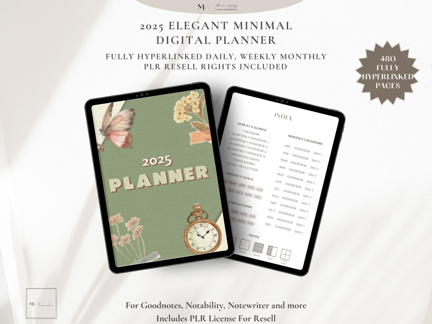 2025 Sage Elegant Minimal Digital Planner For Goodnotes - Fully Hyperlinked - PLR