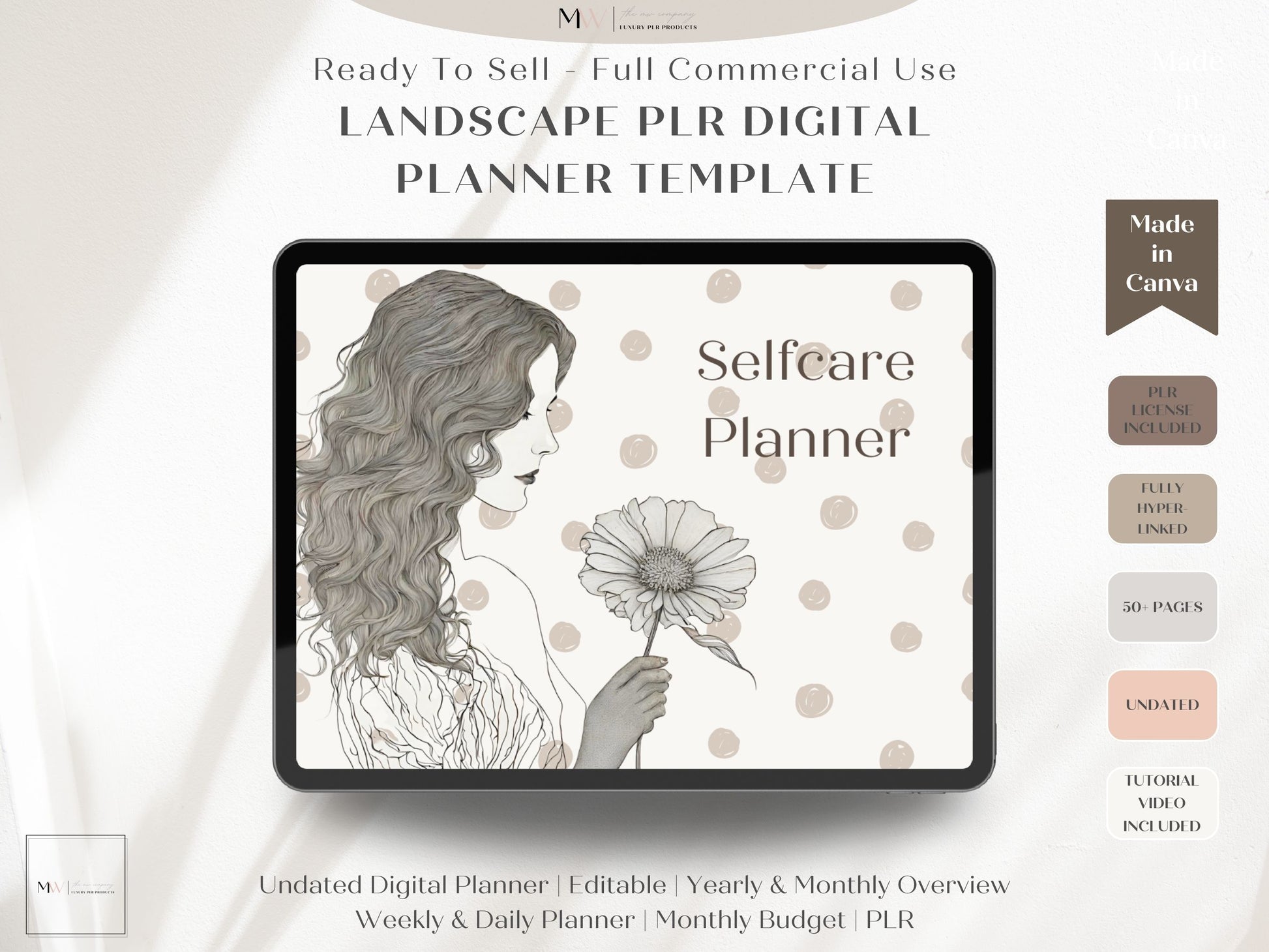 boho neutral tones digital self care planner show on an ipad using goodnotes. Made in canva.