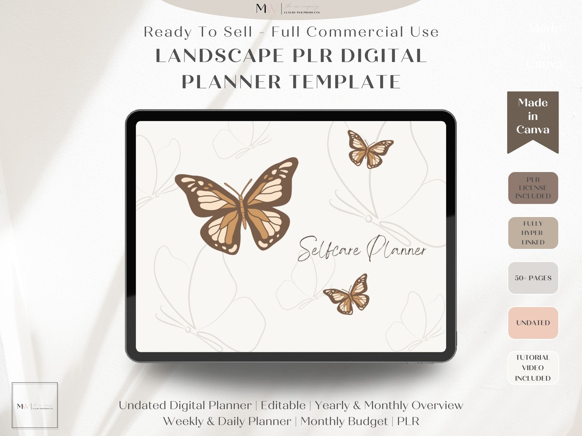 butterlfy boho neutral tones digital self care planner show on an ipad using goodnotes. Made in canva.