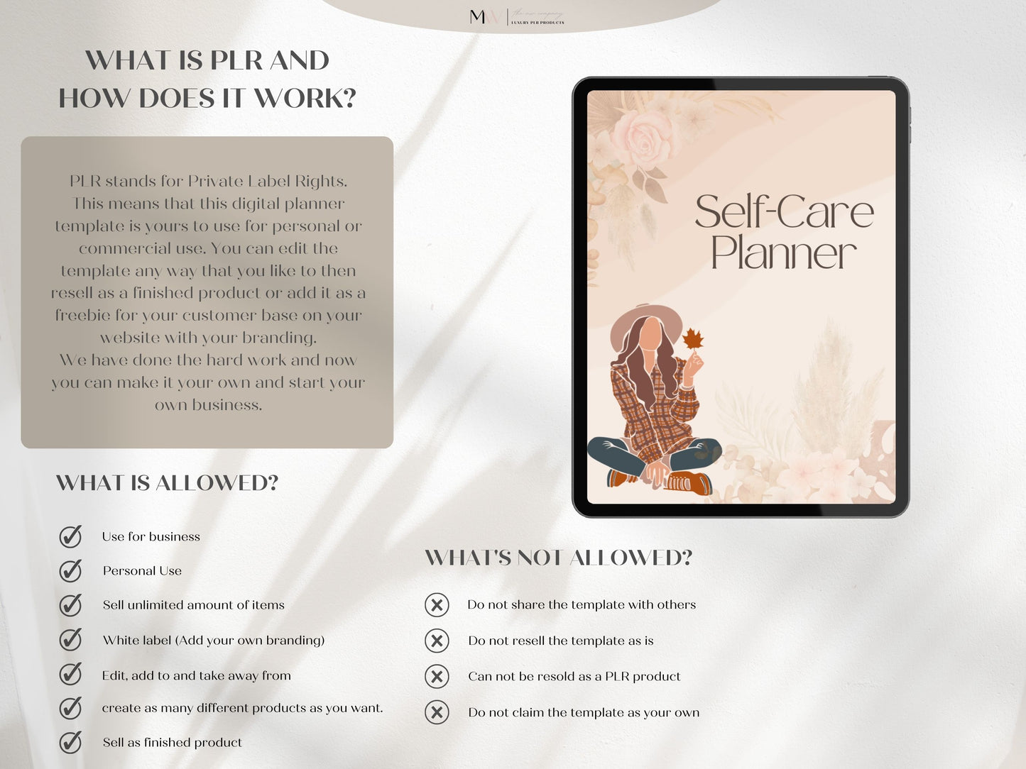 This shows what plr is and what you can do with the product.The image shows the self-care planner with a girl sitting with fall leaves.It can be used in Goodnotes and edited to look how you want.