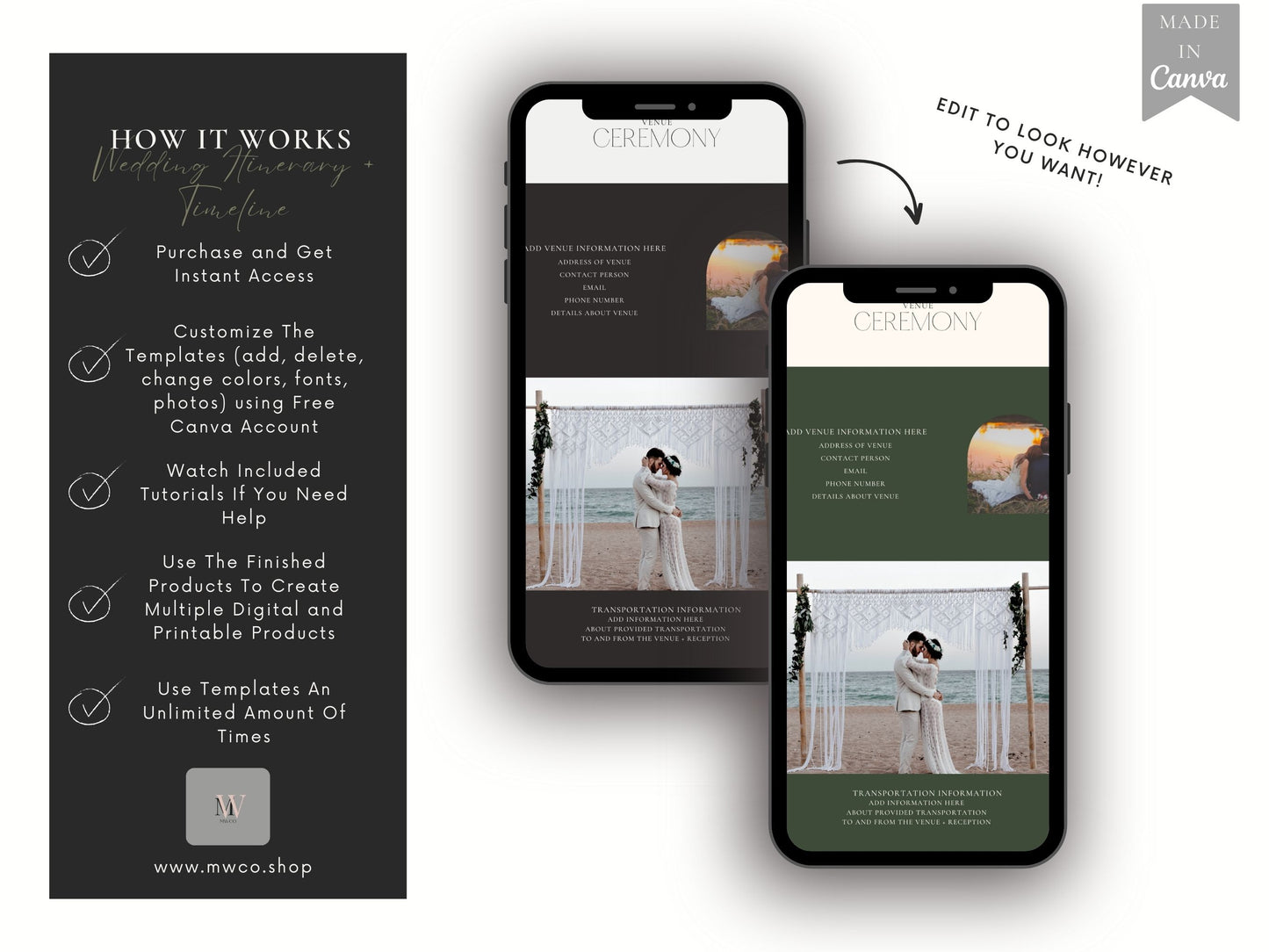 Mobile Wedding Itinerary + Timeline PLR Template | Wedding Weekend Planner