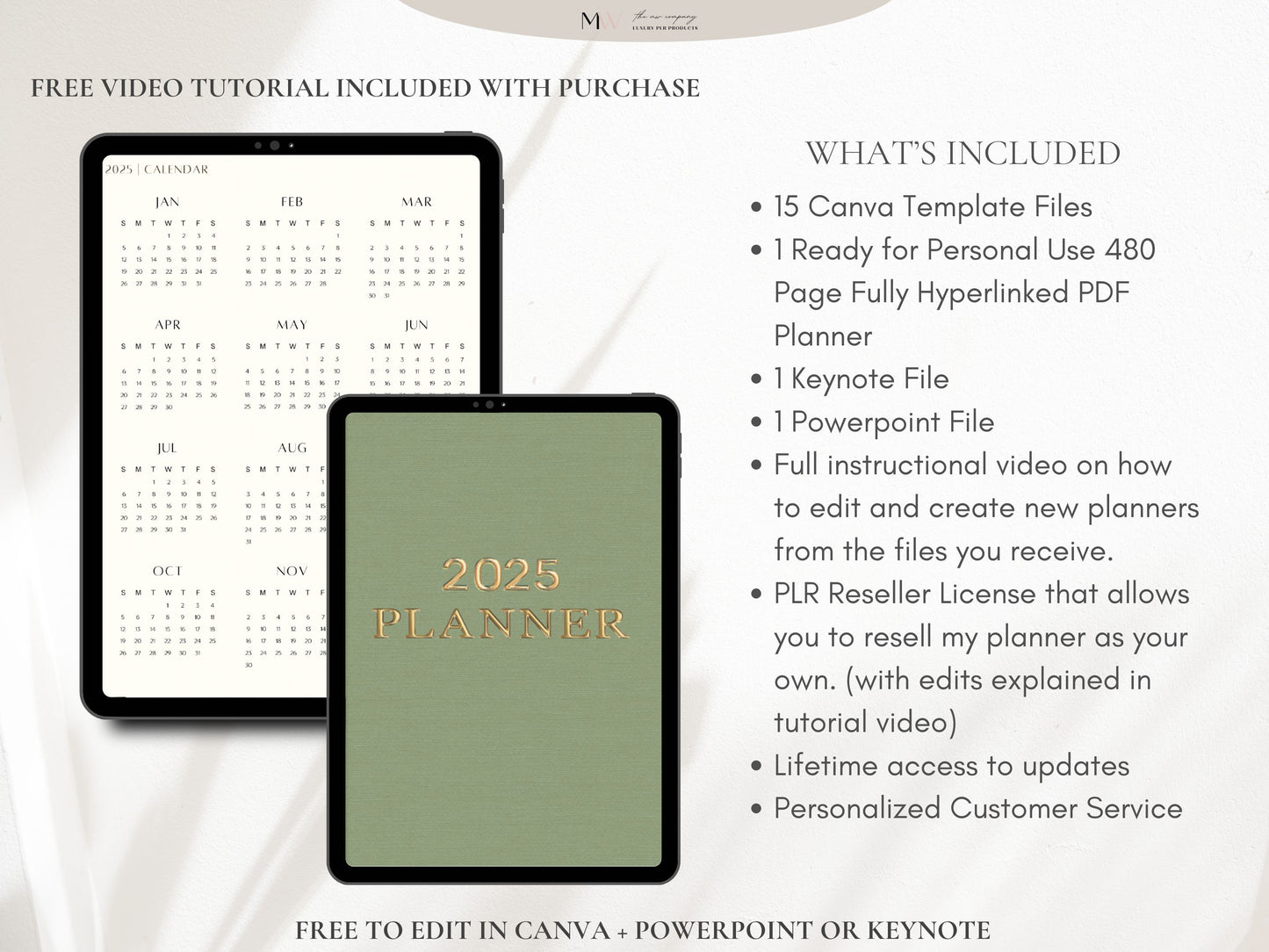 2025 Sage Elegant Minimal Digital Planner For Goodnotes - Fully Hyperlinked - PLR