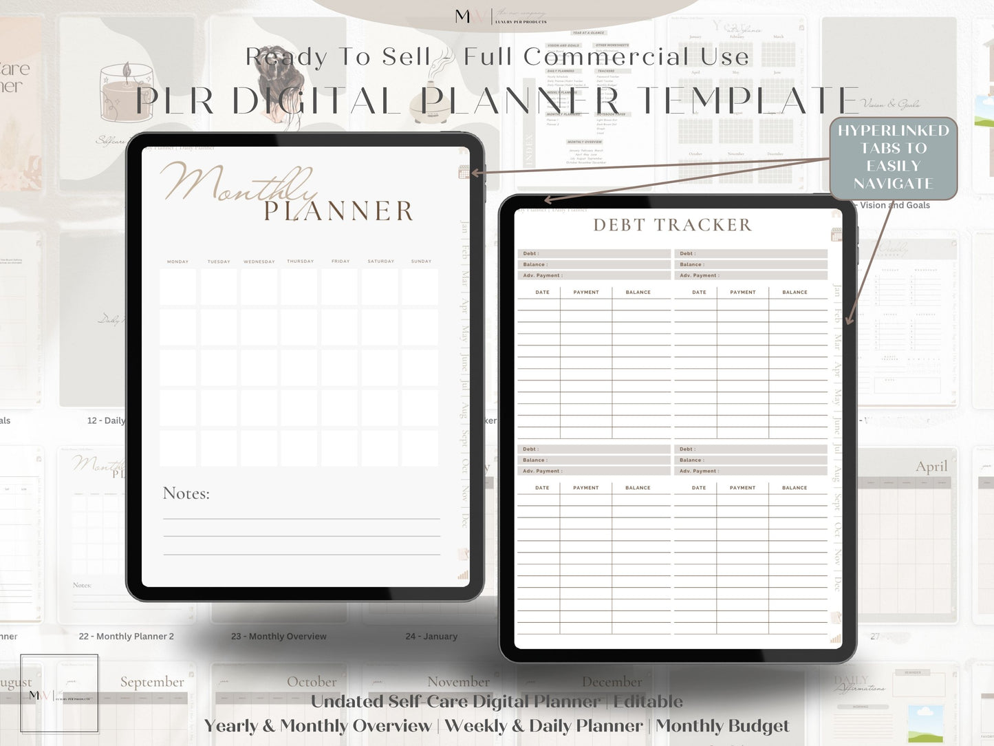 This page shows more information about the PLR digital planner template including navigation tabs.