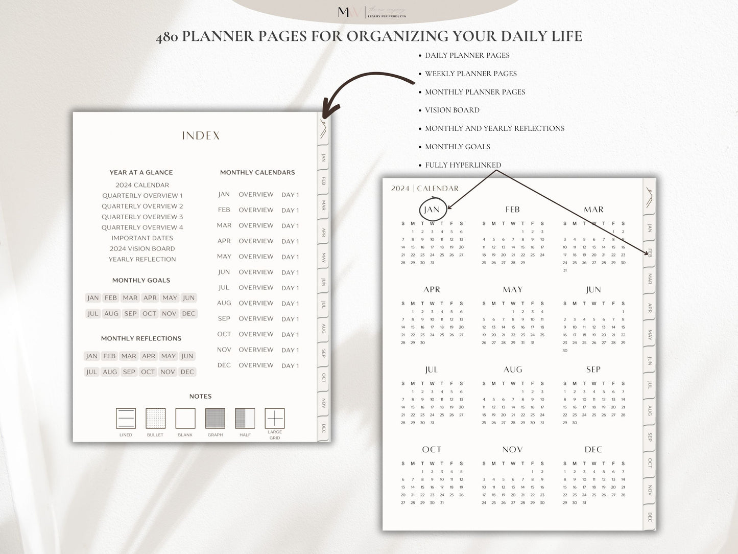 Undated planner, Digital Planner, Boho Style, Minimalist Digital Planner, The MW Company, PLR Product 2025 Digital Planner For Goodnotes