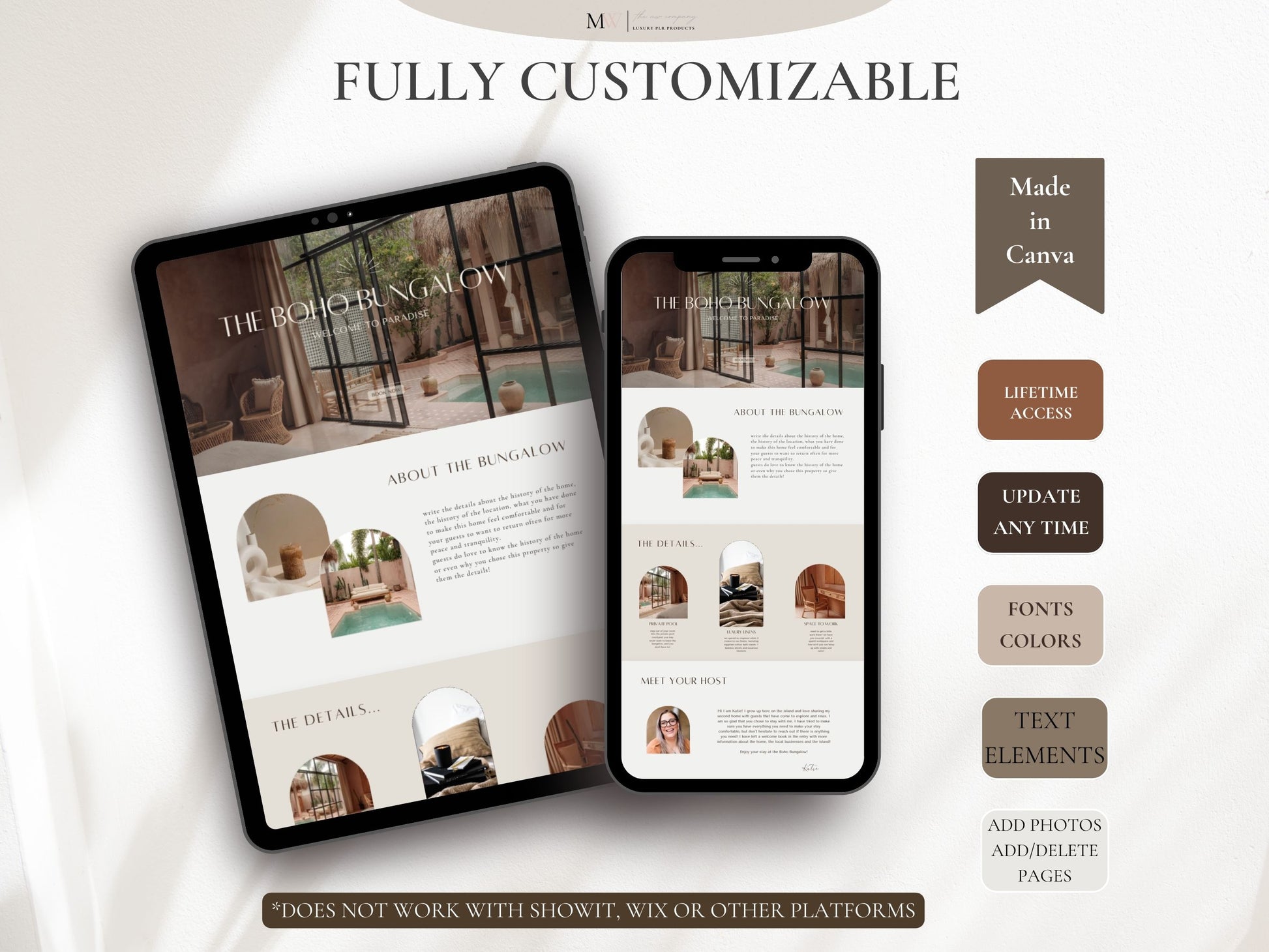 An ipad and a mobile phone displaying a Canva website template for vacation rental businesses. It has a boho aesthetic. Sold the the mw company. PLR templates to resell