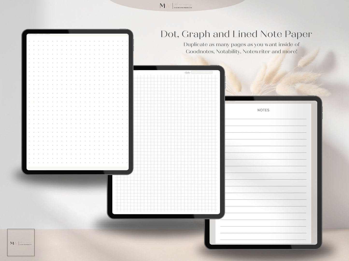This page shows the note pages that are included with the digital planner thatcan be used in goodnotes.