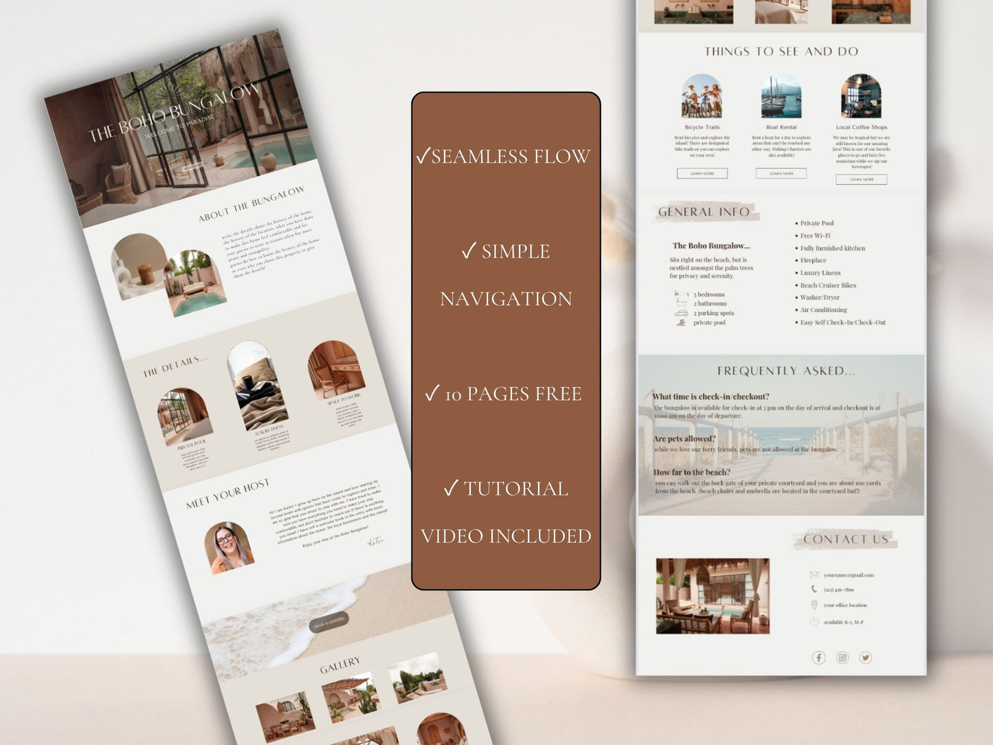 A photo displaying a Canva website template for vacation rental businesses. It has a boho aesthetic.