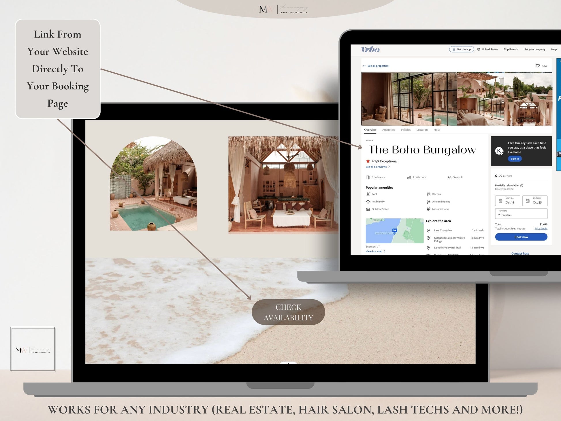 A laptop displaying a Canva website template for vacation rental businesses. It has a boho aesthetic.