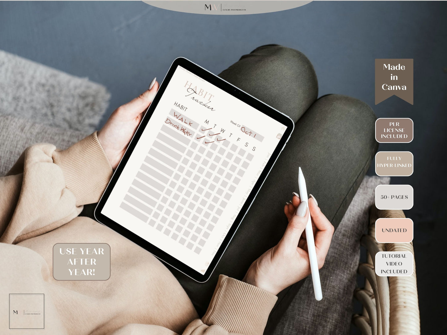 This shows a woman using the digital planner habit tracker on an ipad.