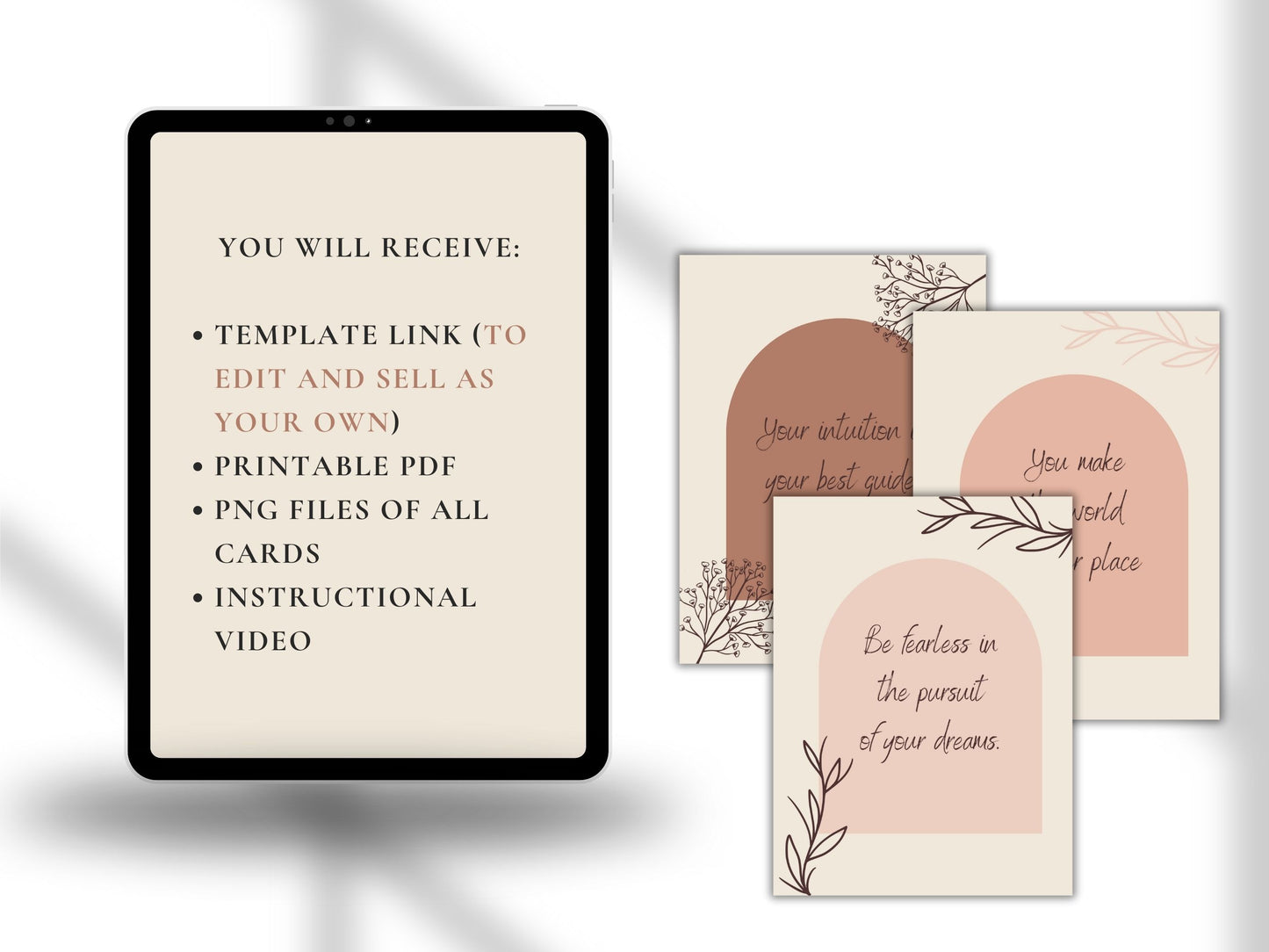 This slide shows what you will receive with this purchase. it includes a template link for editing, a printable pdf, png files and an instructional video