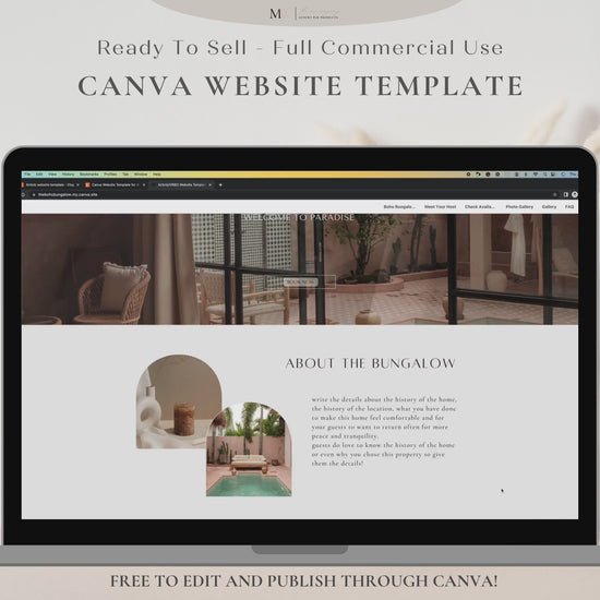 A laptop displaying a Canva website template for vacation rental businesses. It has a boho aesthetic.