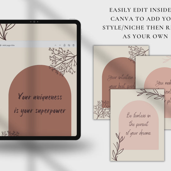 a video on an ipad showing the digital format of the affirmation cards available in this set. It says easeily edit inside of canva to add you style then resell as your own.